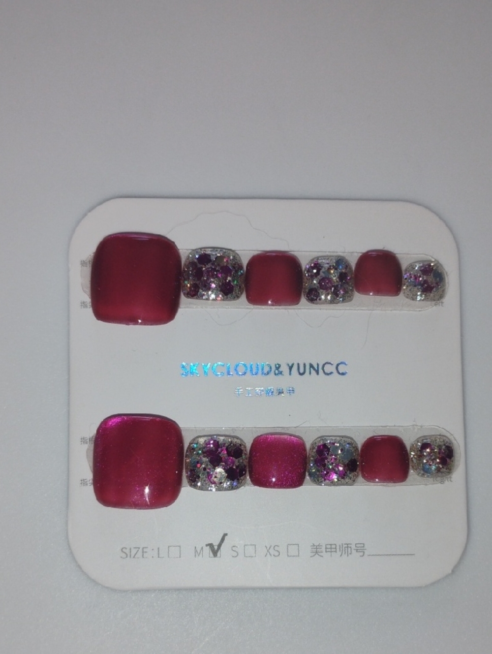 Sparkling Magenta Press-On Toe Nails with Gem Accents